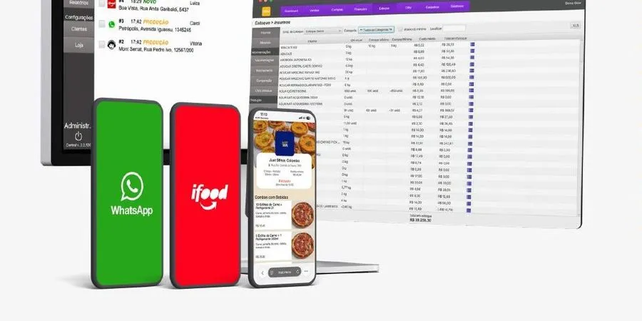 Glow rodando em desktop, WhatsApp, iFood e cardápio digital no celular