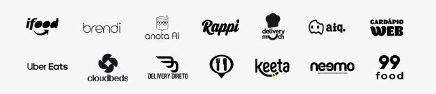 iFood, Brendi, Anota Aí, Rappi, Delivery Much, aiq, Cardápio Web, Uber Eats, Cloudbeds, Delivery Direto, Keeta, Neemo e 99Food