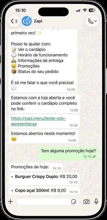 Conversa de pedido pelo robô de WhatsApp